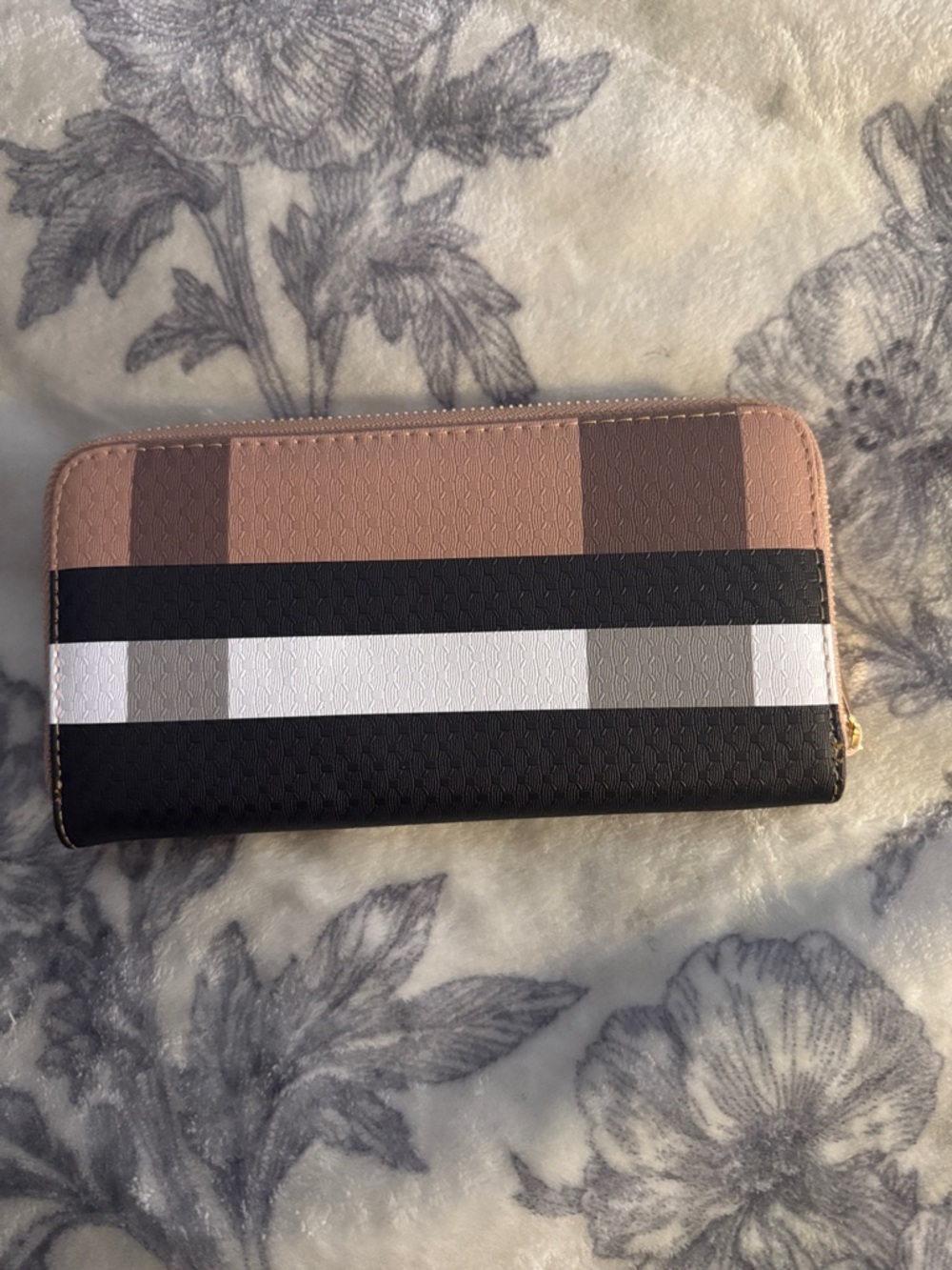 Striped Zip-Around Wallet in Blush, Black, White